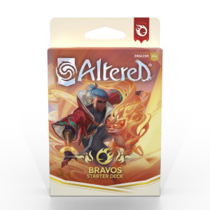 A TCG deck titled “Altered: Bravos” in blue and white font at the top and golden font at the bottom of the cover. Within the tan border is art of a medium-tan person with tied back blue locs who is wearing black and gold clothes with a red robe over top. Beside them is a flaming kitty, and around them is a sandy landscape with swirls of the flames coming from the wee beastie. A TCG deck titled “Altered: Bravos” in blue and white font at the top and golden font at the bottom of the cover. Within the tan border is art of a medium-tan person with tied back blue locs who is wearing black and gold clothes with a red robe over top. Beside them is a flaming kitty, and around them is a sandy landscape with swirls of the flames coming from the wee beastie.