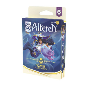 A TCG deck titled “Altered: Yzmir” in blue and white font at the top and golden font at the bottom of the cover. Within the tan border is art of a tan person with long, dark, wavy hair who is wearing a purple and cream colored witchy outfit, fit with a wide-brimmed and pointy hat and golden stars. They float alongside a squid-like creature with front facing eyes and a mammalian mouth set in a pout. The background behind them is a swirl of purples and blues. A TCG deck titled “Altered: Yzmir” in blue and white font at the top and golden font at the bottom of the cover. Within the tan border is art of a tan person with long, dark, wavy hair who is wearing a purple and cream colored witchy outfit, fit with a wide-brimmed and pointy hat and golden stars. They float alongside a squid-like creature with front facing eyes and a mammalian mouth set in a pout. The background behind them is a swirl of purples and blues.