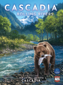 A board game titled “Cascadia: Rolling Rivers” in large font at the top of the box. Below is a scene by the shore of a raging river with coniferous tres in the background and tall mountains in the distance. In the foreground is a grizzly bear with a freshly caught fish in its mouth. A board game titled “Cascadia: Rolling Rivers” in large font at the top of the box. Below is a scene by the shore of a raging river with coniferous tres in the background and tall mountains in the distance. In the foreground is a grizzly bear with a freshly caught fish in its mouth.