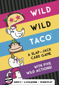 Board game titled "Wild Wild Taco", featuring art of a taco in star sunglasses, a chicken holding their wing up in star sunglasses, a monkey with a green mohawk, a narwhal with a purple lighting bolt across its eye, and a seal with a pink wig. Board game titled "Wild Wild Taco", featuring art of a taco in star sunglasses, a chicken holding their wing up in star sunglasses, a monkey with a green mohawk, a narwhal with a purple lighting bolt across its eye, and a seal with a pink wig.