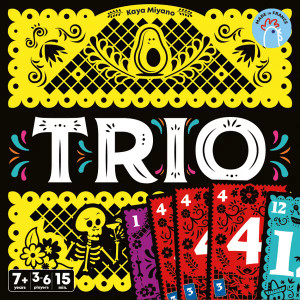 Board game titled Trio featuring bright yellow and black patterns on the box, along with purple, red, and teal cards with number on them. Board game titled Trio featuring bright yellow and black patterns on the box, along with purple, red, and teal cards with number on them.