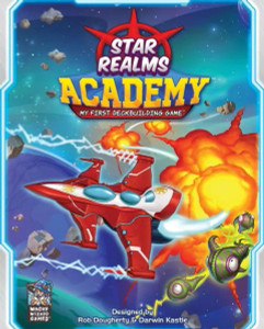 A board game titled "Star Realms: Academy" in large font at the top of the box. Below is a brightly colored scene in space with a red and white rocket flying away from a series of bright red and orange explosion. The ship shoots lightning-like rays from two blasters built into its sides, and around it fly green, tentacled creatures with purple stripes and large eyes. The edge of a planet peeks from the corner below. A board game titled "Star Realms: Academy" in large font at the top of the box. Below is a brightly colored scene in space with a red and white rocket flying away from a series of bright red and orange explosion. The ship shoots lightning-like rays from two blasters built into its sides, and around it fly green, tentacled creatures with purple stripes and large eyes. The edge of a planet peeks from the corner below.