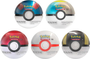 A display of Pokeballs: spherical containers with a central, circular button that opens the container down the middle.  They are each at least half white, with the other halves featuring more colors.  These designs are, from upper left to bottom right: Blue with two red stripes; blue, silver, and gold; red; entirely white; black  with two golden stripes.