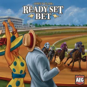 A board game titled "Ready Set Bet" with a cover featuring a man and woman cheer while watching a horse race.