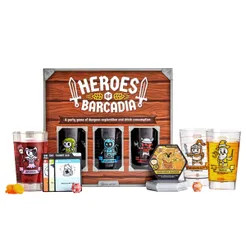 Cups and tile pieces surround the treasure chest  like case to Heroes of Barcadia