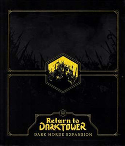 Board game expansion titled "Return to Dark Tower: Dark Horde Expansion". The box art is mainly black, with faint shading suggesting rising spears from two warring factions. In the middle of the box rests a golden hexagon, inside of which there are multiple black silhouette skeletons with swords. Board game expansion titled "Return to Dark Tower: Dark Horde Expansion". The box art is mainly black, with faint shading suggesting rising spears from two warring factions. In the middle of the box rests a golden hexagon, inside of which there are multiple black silhouette skeletons with swords.