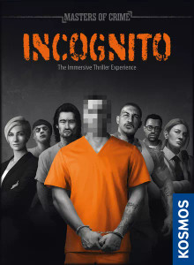 Board game titled "Masters of Crime: Incognito". Art features a prisoner in an orange jumpsuit, with his face blurred out, and his wrists in handcuffs. Surrounding him are a plethora of suspects, each shaded in black and white. Board game titled "Masters of Crime: Incognito". Art features a prisoner in an orange jumpsuit, with his face blurred out, and his wrists in handcuffs. Surrounding him are a plethora of suspects, each shaded in black and white.