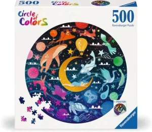 A puzzle with the tagline “Circle of Colors” in a rainbow gradient in the upper left corner of the cover.  The background of the box is white, and in the center is an image of the finished puzzle: a circle with various animals colored in different shades than is accurate to life and arranged in rainbow order in a night sky.  In the center of the circle is a large, yellow crescent moon, and around all the images are little stylized clouds and stars.