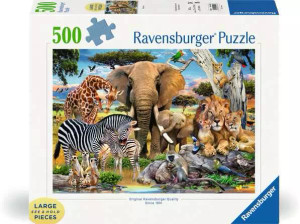A puzzle with the words “Ravensburger Puzzle” at the top and the number ‘500’ along the left side of the white bordered cover. Below is an image of the finished puzzle, which features animals from the African savannas and their babies, all posed on logs, rocks, and between tufts of grass. A puzzle with the words “Ravensburger Puzzle” at the top and the number ‘500’ along the left side of the white bordered cover. Below is an image of the finished puzzle, which features animals from the African savannas and their babies, all posed on logs, rocks, and between tufts of grass.