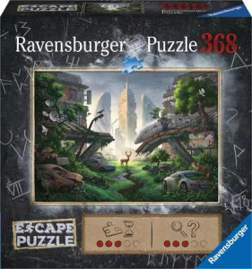 A puzzle with the words “Ravensburger Puzzle” and number ‘368’ across the top and the subtitled “Escape Puzzle” in the bottom left. Beside that are symbols denoting the difficulty level and how many clues are present to find. The cover is bordered in dark grey and in the center is a picture of what the finished puzzle looks like: a post apocalyptic still of a city that has fallen into ruin and reclaimed by nature. Distant skyscrapers crumble, cars have shattered windows and plants growing in and around them. A large crack in the asphalt runs from the foreground to point the eye toward a buck with large antlers in the center of the image. A puzzle with the words “Ravensburger Puzzle” and number ‘368’ across the top and the subtitled “Escape Puzzle” in the bottom left. Beside that are symbols denoting the difficulty level and how many clues are present to find. The cover is bordered in dark grey and in the center is a picture of what the finished puzzle looks like: a post apocalyptic still of a city that has fallen into ruin and reclaimed by nature. Distant skyscrapers crumble, cars have shattered windows and plants growing in and around them. A large crack in the asphalt runs from the foreground to point the eye toward a buck with large antlers in the center of the image.