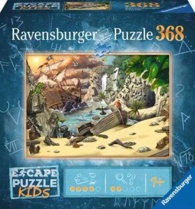 A puzzle with the words “Ravensburger Puzzle” and number ‘368’ across the top and the subtitled “Escape Puzzle” in the bottom left. Beside that are symbols denoting the difficulty level and how many clues are present to find. The cover is bordered in dark blue and in the center is a picture of what the finished puzzle looks like: a pirate cove with a distant cliff edge in the shape of a skull, a wooden sail ship, and a smashed rowboat on a sandy beach. Bats fly from a cave by the beach, and a tropical forest stands in the distance. A puzzle with the words “Ravensburger Puzzle” and number ‘368’ across the top and the subtitled “Escape Puzzle” in the bottom left. Beside that are symbols denoting the difficulty level and how many clues are present to find. The cover is bordered in dark blue and in the center is a picture of what the finished puzzle looks like: a pirate cove with a distant cliff edge in the shape of a skull, a wooden sail ship, and a smashed rowboat on a sandy beach. Bats fly from a cave by the beach, and a tropical forest stands in the distance.