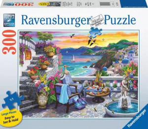 A puzzle with the words “Ravensburger Puzzle” at the top and the number ‘300’ along the left side of the white bordered cover. Below is an image of the finished puzzle, which features a seaside scene from a river stone-paved balcony with flowerpots on a short staircase, a towel and hat draped over a chair, and a small fountain. Across the railing is a view of the sea with a brightly colored sunset hanging in the sky. A puzzle with the words “Ravensburger Puzzle” at the top and the number ‘300’ along the left side of the white bordered cover. Below is an image of the finished puzzle, which features a seaside scene from a river stone-paved balcony with flowerpots on a short staircase, a towel and hat draped over a chair, and a small fountain. Across the railing is a view of the sea with a brightly colored sunset hanging in the sky.
