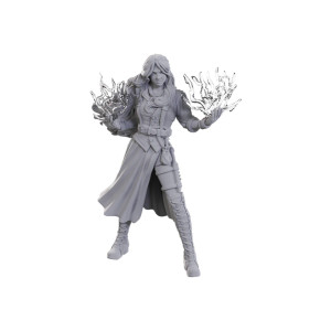 A grey-primed figure of Critical Role character Imogen Temult, a human sorceress.  She has long, wavy hair and wears a bodice with a belt harness over a flowing dress that splits up the thigh to reveal leggings and thigh high boots.  In each of her upheld hands is a large sparking ball of magic that is made from a clear plastic. A grey-primed figure of Critical Role character Imogen Temult, a human sorceress.  She has long, wavy hair and wears a bodice with a belt harness over a flowing dress that splits up the thigh to reveal leggings and thigh high boots.  In each of her upheld hands is a large sparking ball of magic that is made from a clear plastic.