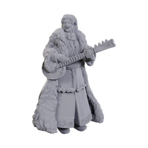 A grey-primed miniature with long hair tied back and wearing long fur coat and garb that swamps their figure. They have a round-bodied stringed instrument in hand and a broad smile across their face. A grey-primed miniature with long hair tied back and wearing long fur coat and garb that swamps their figure. They have a round-bodied stringed instrument in hand and a broad smile across their face.