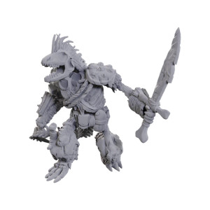 A grey-primed figurine of a lizardfolk skeleton holding a sword. They are clad in crumbling and makeshift armour of rough materials held together by ropes and ragged fabric. They have a lizard's plume atop their head are mid war-cry. A grey-primed figurine of a lizardfolk skeleton holding a sword. They are clad in crumbling and makeshift armour of rough materials held together by ropes and ragged fabric. They have a lizard's plume atop their head are mid war-cry.