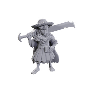 A grey-primed halfling with chin-length wavy hair, straw hat, pleated skirt, fur cloak with the paws of the creature acting like clasps, and a large, chipped sword slung across her shoulders. A grey-primed halfling with chin-length wavy hair, straw hat, pleated skirt, fur cloak with the paws of the creature acting like clasps, and a large, chipped sword slung across her shoulders.