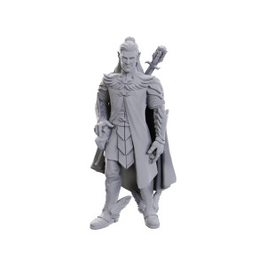 A grey-primed miniature of the Critical Role character Dorian Storm: a tall man with pointed ears and long hair tied half up in a bun atop his head.  He wears a long cloak and slightly shorter coat, and has a lute strapped to his back.