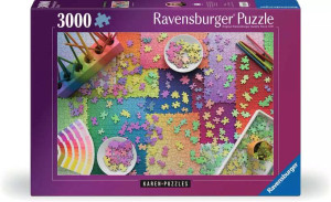 A puzzle with the words “Ravensburger Puzzle” at the top and the number ‘3000’ along the left side of the magenta bordered cover. Below is an image of the finished puzzle, which features several solid-colored puzzles in many different shades stacked atop each other in arrangement like a series of swatches. Speaking of swatches, in the bottom left is a fan of them, in the upper left are paintbrushes in a rainbow holder, the upper right are colored pencils, and several plates and bins with sorted pieces are dotted across the table. Scattered across the surface are more loose pieces, because having them all in nice, neat bins would be too much organization. A puzzle with the words “Ravensburger Puzzle” at the top and the number ‘3000’ along the left side of the magenta bordered cover. Below is an image of the finished puzzle, which features several solid-colored puzzles in many different shades stacked atop each other in arrangement like a series of swatches. Speaking of swatches, in the bottom left is a fan of them, in the upper left are paintbrushes in a rainbow holder, the upper right are colored pencils, and several plates and bins with sorted pieces are dotted across the table. Scattered across the surface are more loose pieces, because having them all in nice, neat bins would be too much organization.