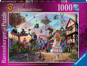 A puzzle with the words "Ravensburger Puzzle" along the left side and the number '1000' at the top of a dark purple border. In the upper left are the words "Look & Find" around a brown iris and pupil, and in the center is a picture of what the finished puzzle looks like. It is a scene packed full of details that takes place at a fantastical circus where anthropomorphic animals perform acts that, in our world, would be done by human performers. A frog man wearing a dapper striped suit and top hat rides a tall penny-farthing bike, an elephant walks on stilts, and distant lions and bears wander the streets wearing red clothes. In the foreground stands a little girl with long blonde hair and a white dress whose back is to the viewer. in the distance are horse drawn carriages carried by colorful balloons, and beyond them are great islands floating through the air and kept attached to the Earth by great metal chains. A puzzle with the words "Ravensburger Puzzle" along the left side and the number '1000' at the top of a dark purple border. In the upper left are the words "Look & Find" around a brown iris and pupil, and in the center is a picture of what the finished puzzle looks like. It is a scene packed full of details that takes place at a fantastical circus where anthropomorphic animals perform acts that, in our world, would be done by human performers. A frog man wearing a dapper striped suit and top hat rides a tall penny-farthing bike, an elephant walks on stilts, and distant lions and bears wander the streets wearing red clothes. In the foreground stands a little girl with long blonde hair and a white dress whose back is to the viewer. in the distance are horse drawn carriages carried by colorful balloons, and beyond them are great islands floating through the air and kept attached to the Earth by great metal chains.