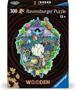 A puzzle with the words “Ravensburger Puzzle” and the number ‘300’ at the top of the brown, wood-grain printed cover.  Below that is an image of what the finished puzzle looks like: a blue-bordered picture of a cuckoo clock that is wrapped in English Ivy and is painted purple and blue.  A blue bird pokes out of a top window, and all around the face of the puzzle is studded with various other animals.  In the center s a circular analog clock, and the bottom left features visible gears from the clock's inner mechanisms.  At the very bottom is the word “Wooden” in a tan font with both of the ‘O’s filled with rings of circles like the center of a tree trunk that’s been cut down.
