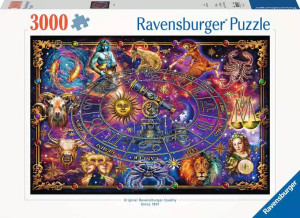 A puzzle with the words “Ravensburger Puzzle” at the top and the number ‘3000’ along the left side of the white bordered cover. Below is an image of the finished puzzle, which features a series of constellations and the artwork associated with the Babylonian and Hellenistic Zodiac. A wheel with their symbols is situated in the center. A puzzle with the words “Ravensburger Puzzle” at the top and the number ‘3000’ along the left side of the white bordered cover. Below is an image of the finished puzzle, which features a series of constellations and the artwork associated with the Babylonian and Hellenistic Zodiac. A wheel with their symbols is situated in the center.
