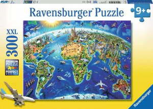 A puzzle with the words “Ravensburger Puzzle” at the top and the number ‘300’ along the left side of the white and yellow bordered cover. Below is an image of the finished puzzle, which features a world map with exaggerated geological and architectural features that can be found in each region. The perspective is enhanced so that buildings rise up through the atmosphere to highlight their differences in size, and the continents are positioned with South America, Africa, and South Asia in the foreground. A puzzle with the words “Ravensburger Puzzle” at the top and the number ‘300’ along the left side of the white and yellow bordered cover. Below is an image of the finished puzzle, which features a world map with exaggerated geological and architectural features that can be found in each region. The perspective is enhanced so that buildings rise up through the atmosphere to highlight their differences in size, and the continents are positioned with South America, Africa, and South Asia in the foreground.