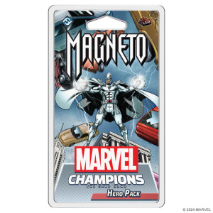 A clamshell case for a Marvel Champions: The Card Game preconstructed deck titled "Magneto hero Pack" at the top in large, white letters. The art below features a man with pale skin wearing a silver full body suit. cape, and face cowl that obscures his features. He floats mid air and has sparking energy shooting from his clenched fists which seems to be lifting a handful of cars around him. A clamshell case for a Marvel Champions: The Card Game preconstructed deck titled "Magneto hero Pack" at the top in large, white letters. The art below features a man with pale skin wearing a silver full body suit. cape, and face cowl that obscures his features. He floats mid air and has sparking energy shooting from his clenched fists which seems to be lifting a handful of cars around him.