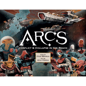 A board game titled “Arcs” in large, white font with little stars around it. Below is a scene with a nearby planet’s horizon in which several cylindrical spaceships orbit. In the foreground are many different shapes, colours, and sizes of gadget-clad aliens. From androids to shark-like bearings in aquatic atmosphere suits, werewolf-like beings to red, four-eyed leech creatures. All of them are illustrated in a charming, cosy style that emphasises the expressiveness of both their diversity and their characters. A board game titled “Arcs” in large, white font with little stars around it. Below is a scene with a nearby planet’s horizon in which several cylindrical spaceships orbit. In the foreground are many different shapes, colours, and sizes of gadget-clad aliens. From androids to shark-like bearings in aquatic atmosphere suits, werewolf-like beings to red, four-eyed leech creatures. All of them are illustrated in a charming, cosy style that emphasises the expressiveness of both their diversity and their characters.