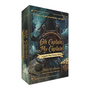 A roleplaying game titled "Oh Captain, My Captain!" in brassy lettering at the center of the box.  Around the title is an old fashioned, wooden steering wheel for a sail ship, behind which stands the back-lit silhouette of a bearded man with long hair, a long beard, and a tricorn hat that is probably the captain in question.  Behind them looms a tumultuous, stormy sea, and laid out before them is a compass and map.