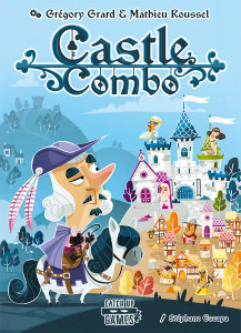 A board game titled "Castle Combo" at the top of the cover in swirling, medieval inspired font.  Below is a cartoon castle atop a hill surrounded in various characters.  A man with grey, neatly curled hair, a similarly curled mustache. and a feathered cap wears decadent clothes and sits atop a pony with a pensive look on his face. A board game titled "Castle Combo" at the top of the cover in swirling, medieval inspired font.  Below is a cartoon castle atop a hill surrounded in various characters.  A man with grey, neatly curled hair, a similarly curled mustache. and a feathered cap wears decadent clothes and sits atop a pony with a pensive look on his face.