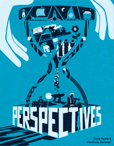 A board game titled "Perspectives" in white font at the bottom of the box, angled as if it is wrapping around a corner.  The background is blue, and the art above is a geometric, line-less piece depicting a large hourglass made of snippets of scenes, such as a sailing ship, a steam train, footprints, and other details.  Above are a set of white hands reaching down over the top of the hourglass.