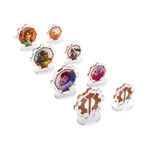 8 Gear-shaped acrylic standing tokens with brown outlines. Half of them are larger than the other half, and the first 6 feature the portraits of human heroes and their animal companions from the Axiom faction. The last two feature brassy-brown gear icons. 8 Gear-shaped acrylic standing tokens with brown outlines. Half of them are larger than the other half, and the first 6 feature the portraits of human heroes and their animal companions from the Axiom faction. The last two feature brassy-brown gear icons.