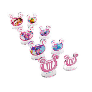 A set of 8 acrylic, lyre shaped standee tokens, half of which are larger than the others. They are each outlined in pink, and the first 3 pairs feature the faces of heroes and their animal companions from the Lyra faction of the Altered TCG. The last pair feature pink lyres. A set of 8 acrylic, lyre shaped standee tokens, half of which are larger than the others. They are each outlined in pink, and the first 3 pairs feature the faces of heroes and their animal companions from the Lyra faction of the Altered TCG. The last pair feature pink lyres.