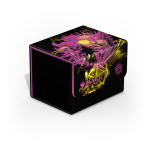 A black deck box with a cloth exterior and the Magic: The Gathering company logo.  On the front are two translucent pieces of artwork overlapping in solid colors.  One is a yellow portrait of a woman with long, tightly curled hair and light glinting off a lens of her round glasses, obscuring an eye.  One of her hands is outstretched under a ghostly image of a 20-sided 3D shape.  Over her portrait is a fuchsia painting of a demonic face with horns and a face made entirely of a round, gaping, toothy maw of a mouth.  The mouth opens overtop of the glare on the lady's glasses.