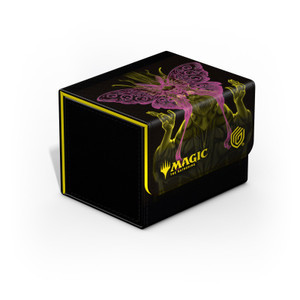 A black deck box with a cloth exterior and the Magic: The Gathering company logo.  On the front are two translucent pieces of artwork overlapping in solid colors.  One is a yellow painting of A crowned and long-robed being with their hands held in positions reminiscent of saints.  Over their face is a purple moth.