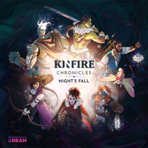 Board game titled "Kinfire Chronicles: Night's Fall" featuring art of six characters surrounded by light. Included is a purple elf crouched down in the forefront, a jet black dwarf with an orange and white beard, and a metal robot with white wisps coming out of their head. Board game titled "Kinfire Chronicles: Night's Fall" featuring art of six characters surrounded by light. Included is a purple elf crouched down in the forefront, a jet black dwarf with an orange and white beard, and a metal robot with white wisps coming out of their head.