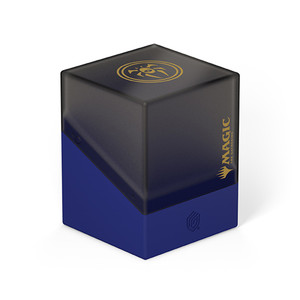 A card deck box with a semi-transparent black upper half with a satin finish, a solid blue lower half, a golden emblem featuring a stylized, geometric beetle on top and Magic: The Gathering’s logo along the front right side.