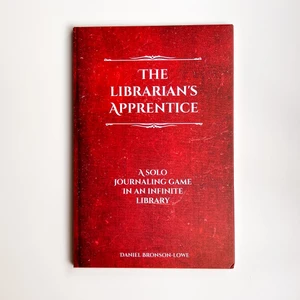 An RPG titled "The Librarian's Apprentice" in white font at the top of the red cover.  The booklet is designed to look like the cover of a leather or cloth-bound hardback book, and the title is bracketed in elegant lines for a distinguished finish.