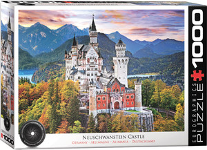 A puzzle with the words “Eurographics Puzzle” and the number '1000' along the right edge. The title, "Neuschwanstein Castle" is printed in black on white background along the bottom edge. Below this title the words "Germany - Allemagne - Alemania - Deutschland" are printed in red. In the bottom left, there is a picture of a photographic lens with the words "HDR Photography - Scenic Landscape" printed on the inside rim of the lens. In the center is a picture of the finished puzzle: a large white and red castle with towers and ornamental turrets in the foreground and a lake and mountains behind it. There are trees all around the castle with early fall colors, a mix of green, yellow, and red leaves. The sky above has pink and orange clouds. A puzzle with the words “Eurographics Puzzle” and the number '1000' along the right edge. The title, "Neuschwanstein Castle" is printed in black on white background along the bottom edge. Below this title the words "Germany - Allemagne - Alemania - Deutschland" are printed in red. In the bottom left, there is a picture of a photographic lens with the words "HDR Photography - Scenic Landscape" printed on the inside rim of the lens. In the center is a picture of the finished puzzle: a large white and red castle with towers and ornamental turrets in the foreground and a lake and mountains behind it. There are trees all around the castle with early fall colors, a mix of green, yellow, and red leaves. The sky above has pink and orange clouds.