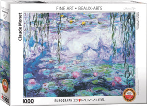 The image shows the box of a puzzle featuring the piece “Waterlilies” by Claude Monet. The artwork is characterized by swirling brushstrokes in shades of blue, purple, pink, and green, depicting aquatic plants, water reflections, and overhanging willow branches. This creates a tranquil and abstract scene emblematic of Monet's style. The bottom left has the number '1000' indicating the number of pieces in the puzzle. Along the bottom edge, the company logo reads "EUROGRAPHICS PUZZLES." A blue badge in the lower right corner indicates the puzzle is an officially licensed reproduction of museum quality. The image shows the box of a puzzle featuring the piece “Waterlilies” by Claude Monet. The artwork is characterized by swirling brushstrokes in shades of blue, purple, pink, and green, depicting aquatic plants, water reflections, and overhanging willow branches. This creates a tranquil and abstract scene emblematic of Monet's style. The bottom left has the number '1000' indicating the number of pieces in the puzzle. Along the bottom edge, the company logo reads "EUROGRAPHICS PUZZLES." A blue badge in the lower right corner indicates the puzzle is an officially licensed reproduction of museum quality.