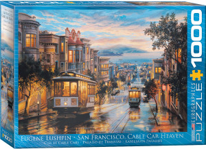 The image shows the box of a puzzle featuring the piece “San Francisco Cable Car Heaven” by Eugene Lushpin. The artwork depicts a vibrant, detailed San Francisco street scene at dusk. In the foreground, two classic San Francisco cable cars are prominent; the closest one is labeled with the number "23." The buildings lining the street exhibit historic architectural details, with warm light pouring from their windows, cast against a backdrop of twilight. Lush trees are positioned on either side of the street, adding to the scene's rich texture. The scene extends toward a distant bay, over which a serene sky, painted with soft pastel colors of blue, orange, and pink, unfolds. On the right hand edge, the company logo reads "EUROGRAPHICS PUZZLES" in white text on blue background and the number ‘1000’ after it indicates the puzzle piece count. The image shows the box of a puzzle featuring the piece “San Francisco Cable Car Heaven” by Eugene Lushpin. The artwork depicts a vibrant, detailed San Francisco street scene at dusk. In the foreground, two classic San Francisco cable cars are prominent; the closest one is labeled with the number "23." The buildings lining the street exhibit historic architectural details, with warm light pouring from their windows, cast against a backdrop of twilight. Lush trees are positioned on either side of the street, adding to the scene's rich texture. The scene extends toward a distant bay, over which a serene sky, painted with soft pastel colors of blue, orange, and pink, unfolds. On the right hand edge, the company logo reads "EUROGRAPHICS PUZZLES" in white text on blue background and the number ‘1000’ after it indicates the puzzle piece count.