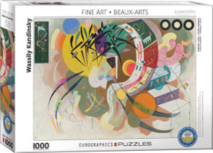 The image shows the box of a puzzle featuring the piece “Dominant Curve” by Wassily Kandinsky. The painting is full of vibrant and diverse geometric shapes and lines, featuring prominent colors including yellow, green, red, and blue. A large yellow circle dominates the center, surrounded by overlapping shapes of various colors and sizes, such as arcs, circles, and lines that create a dynamic composition. The artwork is set against a muted background with soft gradients and textures, enhancing the vividness of the central elements. Along the top is printed the collection name, “Fine Arts.” The bottom left has the number '1000' indicating the number of pieces in the puzzle. Along the bottom edge, the company logo reads "EUROGRAPHICS PUZZLES." A blue badge in the lower right corner indicates the puzzle is an officially licensed reproduction of museum quality. The image shows the box of a puzzle featuring the piece “Dominant Curve” by Wassily Kandinsky. The painting is full of vibrant and diverse geometric shapes and lines, featuring prominent colors including yellow, green, red, and blue. A large yellow circle dominates the center, surrounded by overlapping shapes of various colors and sizes, such as arcs, circles, and lines that create a dynamic composition. The artwork is set against a muted background with soft gradients and textures, enhancing the vividness of the central elements. Along the top is printed the collection name, “Fine Arts.” The bottom left has the number '1000' indicating the number of pieces in the puzzle. Along the bottom edge, the company logo reads "EUROGRAPHICS PUZZLES." A blue badge in the lower right corner indicates the puzzle is an officially licensed reproduction of museum quality.