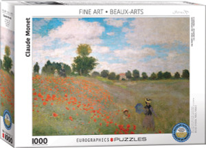 The image shows the box of a puzzle featuring the piece “The Poppy Field” by Claude Monet. The artwork captures a pastoral scene with a vast field of vibrant red poppies under a blue sky with scattered clouds. In the foreground, a woman and child are depicted walking through the flowers, with the woman holding a blue parasol. Towards the background, lush green trees extend across the horizon, with a small house partially visible on the right. Along the top is printed the collection name, “Fine Arts.” The bottom left has the number '1000' indicating the number of pieces in the puzzle. Along the bottom edge, the company logo reads "EUROGRAPHICS PUZZLES." A blue badge in the lower right corner indicates the puzzle is an officially licensed reproduction of museum quality. The image shows the box of a puzzle featuring the piece “The Poppy Field” by Claude Monet. The artwork captures a pastoral scene with a vast field of vibrant red poppies under a blue sky with scattered clouds. In the foreground, a woman and child are depicted walking through the flowers, with the woman holding a blue parasol. Towards the background, lush green trees extend across the horizon, with a small house partially visible on the right. Along the top is printed the collection name, “Fine Arts.” The bottom left has the number '1000' indicating the number of pieces in the puzzle. Along the bottom edge, the company logo reads "EUROGRAPHICS PUZZLES." A blue badge in the lower right corner indicates the puzzle is an officially licensed reproduction of museum quality.
