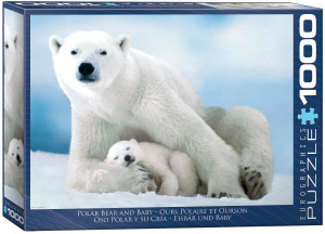 The image captures a polar bear parent and its baby. The polar bear and cub are resting on ice, with the cub nestled against the larger bear. The background of the image is a serene blend of soft blues, representing an arctic sky. The title, "Polar Bear & Baby" is printed in white on blue background along the left hand edge. Along the bottom, the company logo reads "EUROGRAPHICS PUZZLES" and the number ‘1000’ after it indicates the puzzle piece count. The image captures a polar bear parent and its baby. The polar bear and cub are resting on ice, with the cub nestled against the larger bear. The background of the image is a serene blend of soft blues, representing an arctic sky. The title, "Polar Bear & Baby" is printed in white on blue background along the left hand edge. Along the bottom, the company logo reads "EUROGRAPHICS PUZZLES" and the number ‘1000’ after it indicates the puzzle piece count.
