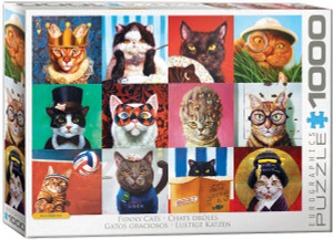 The image is a puzzle box with a collage of photographs of funny, anthropomorphic cats in various costumes and scenarios. The title, "Funny Cats" is printed along the bottom edge. On the right hand side, the company logo reads "EUROGRAPHICS PUZZLES" and the number ‘1000’ after it indicates the puzzle piece count. The image is a puzzle box with a collage of photographs of funny, anthropomorphic cats in various costumes and scenarios. The title, "Funny Cats" is printed along the bottom edge. On the right hand side, the company logo reads "EUROGRAPHICS PUZZLES" and the number ‘1000’ after it indicates the puzzle piece count.