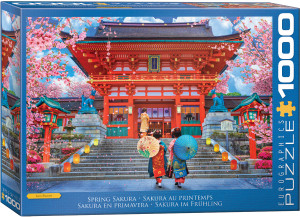 The image is a puzzle box featuring a traditional Japanese temple gate surrounded by cherry blossoms in full bloom. The gate is predominantly red with intricate wooden details and a dark tiled roof. A stone staircase leads up to the gate, lined with glowing lanterns. At the foot of the stairs, two people dressed in traditional Japanese attire with colorful kimonos and patterned umbrellas stand facing the temple. A third person is further up the stairs, also in traditional garments. The surrounding trees are covered in vibrant pink cherry blossoms, adding a festive and serene atmosphere to the scene. The title, "Spring Sakura" is printed in white text on blue background along the bottom edge. On the right hand side, the company logo reads "EUROGRAPHICS PUZZLES" and the number ‘1000’ after it indicates the puzzle piece count. The image is a puzzle box featuring a traditional Japanese temple gate surrounded by cherry blossoms in full bloom. The gate is predominantly red with intricate wooden details and a dark tiled roof. A stone staircase leads up to the gate, lined with glowing lanterns. At the foot of the stairs, two people dressed in traditional Japanese attire with colorful kimonos and patterned umbrellas stand facing the temple. A third person is further up the stairs, also in traditional garments. The surrounding trees are covered in vibrant pink cherry blossoms, adding a festive and serene atmosphere to the scene. The title, "Spring Sakura" is printed in white text on blue background along the bottom edge. On the right hand side, the company logo reads "EUROGRAPHICS PUZZLES" and the number ‘1000’ after it indicates the puzzle piece count.