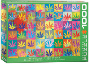 The image is a puzzle box featuring a grid of square tiles, each displaying a stylized cannabis leaf. The leaves vary in color, including shades of green, purple, and blue, with distinct textures and patterns on each tile. The background colors of the tiles alternate to create a vibrant patchwork effect. The title, "Wonderland" is printed in white text on a green background along the bottom edge. On the right hand side, the company logo reads "EUROGRAPHICS PUZZLES" and the number ‘1000’ after it indicates the puzzle piece count. The image is a puzzle box featuring a grid of square tiles, each displaying a stylized cannabis leaf. The leaves vary in color, including shades of green, purple, and blue, with distinct textures and patterns on each tile. The background colors of the tiles alternate to create a vibrant patchwork effect. The title, "Wonderland" is printed in white text on a green background along the bottom edge. On the right hand side, the company logo reads "EUROGRAPHICS PUZZLES" and the number ‘1000’ after it indicates the puzzle piece count.
