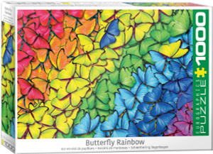The image is a puzzle box with an arrangement of vibrantly colored butterflies. The butterflies are organized in a gradient-style pattern, beginning with reds, transitioning through oranges, yellows, greens, and ending with blues. The transitions between colors are smooth, creating a rainbow effect. The title, "Butterfly Rainbow" is printed along the bottom side. On the right hand edge, the company logo reads "EUROGRAPHICS PUZZLES" in white text on a green background and the number ‘1000’ after it indicates the puzzle piece count. The image is a puzzle box with an arrangement of vibrantly colored butterflies. The butterflies are organized in a gradient-style pattern, beginning with reds, transitioning through oranges, yellows, greens, and ending with blues. The transitions between colors are smooth, creating a rainbow effect. The title, "Butterfly Rainbow" is printed along the bottom side. On the right hand edge, the company logo reads "EUROGRAPHICS PUZZLES" in white text on a green background and the number ‘1000’ after it indicates the puzzle piece count.