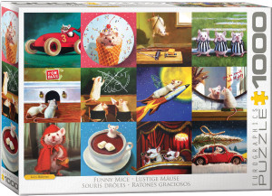 The image is a puzzle box with a collage of whimsical illustrations of mice in various humorous and imaginative scenarios. The box is titled "Funny Mice" and contains nine square images arranged in a 3x3 grid. Each illustration features mice engaging in different playful activities. In the top left, a mouse in a racing car. Next, a mouse in an ice cream cone. To the right, a mouse on a mousetrap escape. Below, more mice in scenes like a classroom, space exploration, and one with a small red vehicle transporting a tree. The background colors vary, adding to the playful theme. The title, "Funny Mice" is printed along the bottom side. On the right hand edge, the company logo reads "EUROGRAPHICS PUZZLES" and the number ‘1000’ after it indicates the puzzle piece count. The image is a puzzle box with a collage of whimsical illustrations of mice in various humorous and imaginative scenarios. The box is titled "Funny Mice" and contains nine square images arranged in a 3x3 grid. Each illustration features mice engaging in different playful activities. In the top left, a mouse in a racing car. Next, a mouse in an ice cream cone. To the right, a mouse on a mousetrap escape. Below, more mice in scenes like a classroom, space exploration, and one with a small red vehicle transporting a tree. The background colors vary, adding to the playful theme. The title, "Funny Mice" is printed along the bottom side. On the right hand edge, the company logo reads "EUROGRAPHICS PUZZLES" and the number ‘1000’ after it indicates the puzzle piece count.