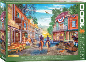 The image is a puzzle box that features a detailed illustration of a Wild West town. The scene is set on a dirt street flanked by various wooden buildings with signage indicating a general store, bank, undertaker, and saloon. The architecture is typical of the late 19th-century American frontier, with balconies and rustic wooden textures. Two cowboys on horseback are seen riding down the center of the street towards a bright, sunlit horizon. A horse is tethered outside the general store, while stacks of crates and barrels are visible near the saloon. The foreground includes a small dog walking near the cowboys. The sky is a bright blue with scattered clouds and birds flying, evoking a serene and spacious atmosphere. The title, "Wild West Country" is printed along the bottom edge in white text on green background. On the right hand edge, the company logo reads "EUROGRAPHICS PUZZLES" and the number ‘1000’ after it indicates the puzzle piece count.